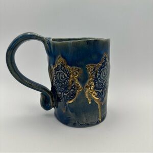 Dream Hand Made Blue Glaze Golden Accents Ceramic Mug Big